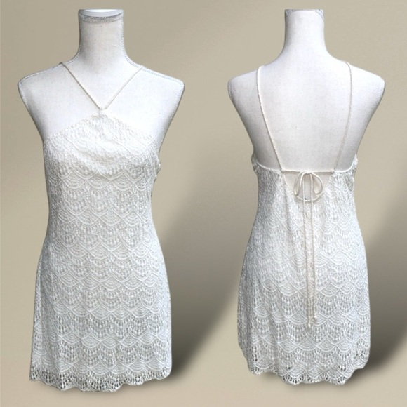 west 36th Dresses & Skirts - West 36th White Cotton Lace Halter Mini Dress Crisscross Tie Back Size Medium